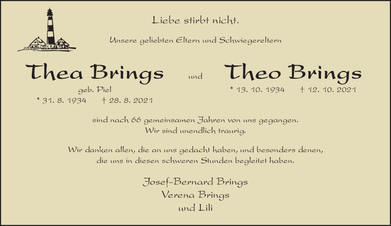  Traueranzeige für Thea und Theo Brings vom 27.11.2021 aus Rheinische Post
