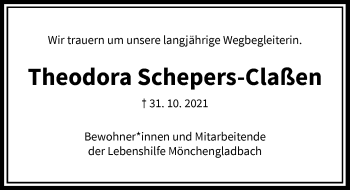 Traueranzeige von Theodora Schepers-Claßen von Rheinische Post
