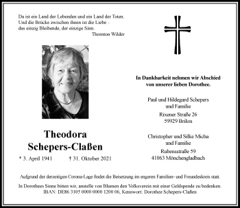 Traueranzeige von Theodora Schepers-Claßen von Rheinische Post