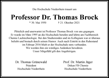 Traueranzeige von Thomas Brock von Rheinische Post