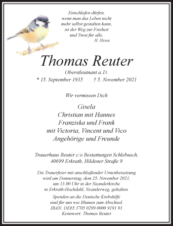 Traueranzeige von Thomas Reuter von Rheinische Post