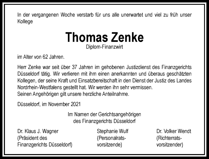 Traueranzeige für Thomas Zenke vom 27.11.2021 aus Rheinische Post