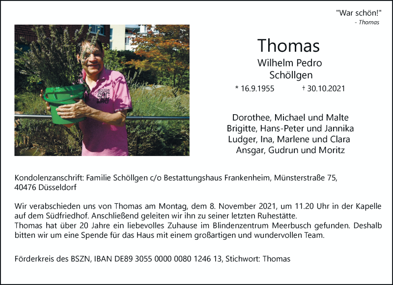  Traueranzeige für Thomas Wilhelm Pedro Schöllgen vom 06.11.2021 aus Rheinische Post
