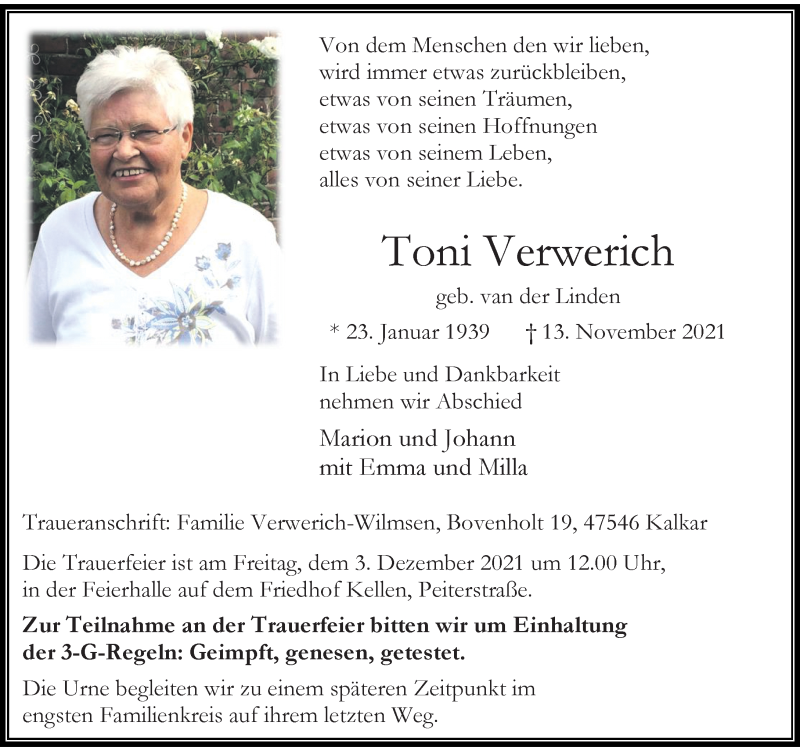  Traueranzeige für Toni Verwerich vom 27.11.2021 aus Rheinische Post