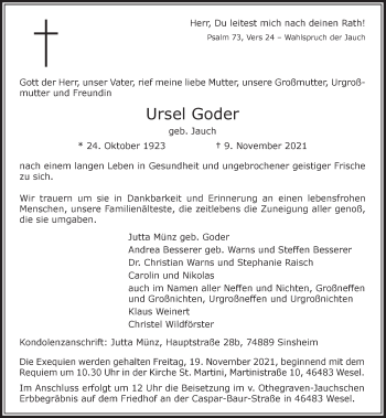Traueranzeige von Ursel Goder von Rheinische Post
