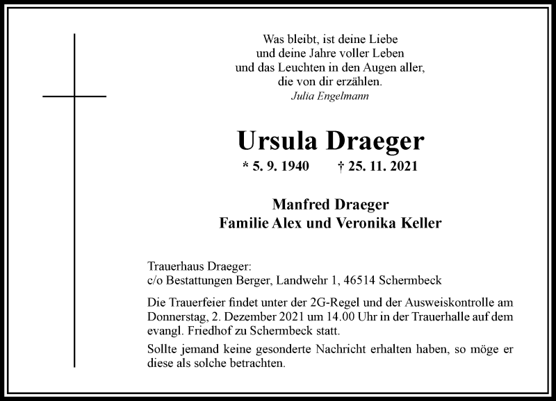  Traueranzeige für Ursula Draeger vom 30.11.2021 aus Rheinische Post