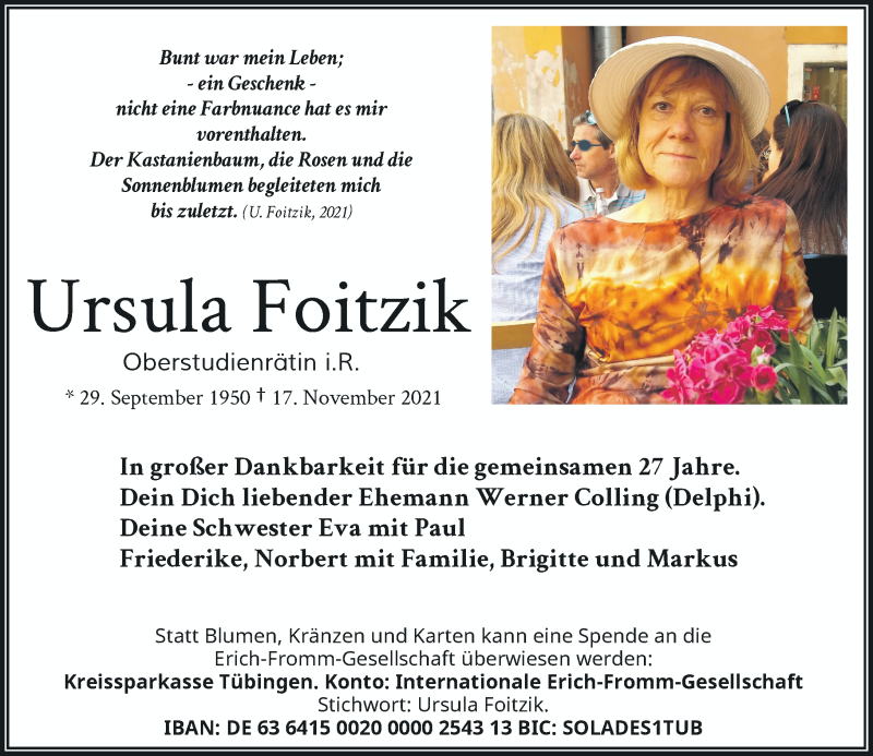  Traueranzeige für Ursula Foitzik vom 27.11.2021 aus Rheinische Post