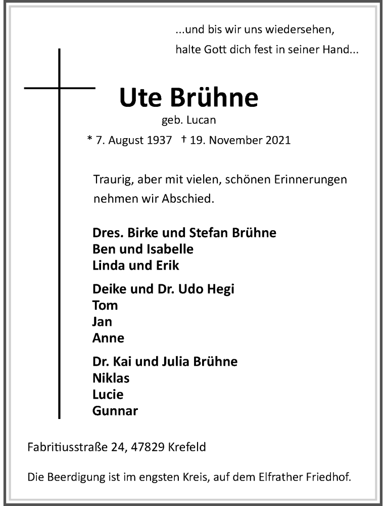  Traueranzeige für Ute Brühne vom 27.11.2021 aus Rheinische Post