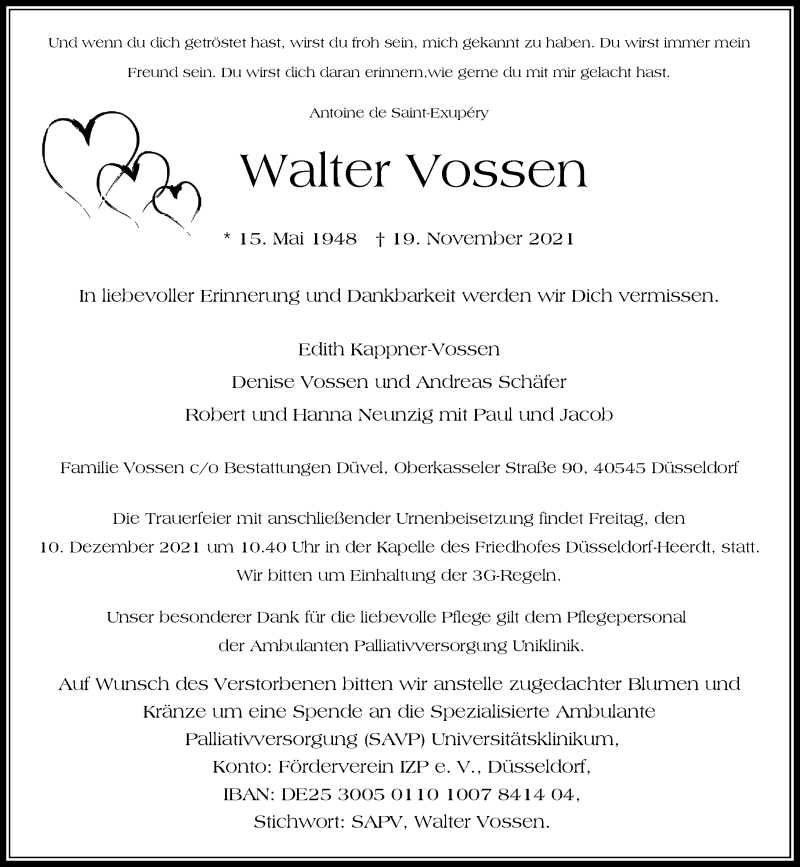  Traueranzeige für Walter Vossen vom 27.11.2021 aus Rheinische Post