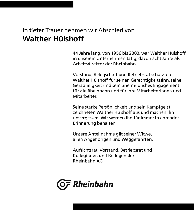  Traueranzeige für Walther Hülshoff vom 20.11.2021 aus Rheinische Post