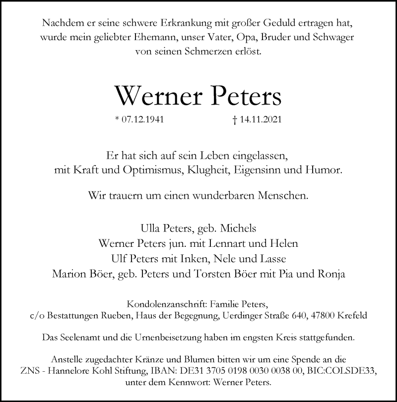  Traueranzeige für Werner Peters vom 27.11.2021 aus Rheinische Post