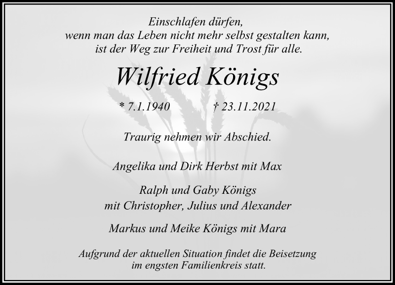  Traueranzeige für Wilfried Königs vom 27.11.2021 aus Rheinische Post