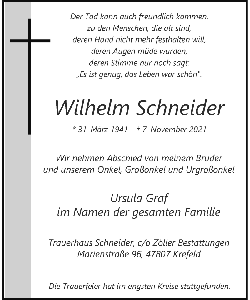  Traueranzeige für Wilhelm Schneider vom 20.11.2021 aus Rheinische Post