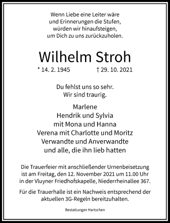 Traueranzeige von Wilhelm Stroh von Rheinische Post