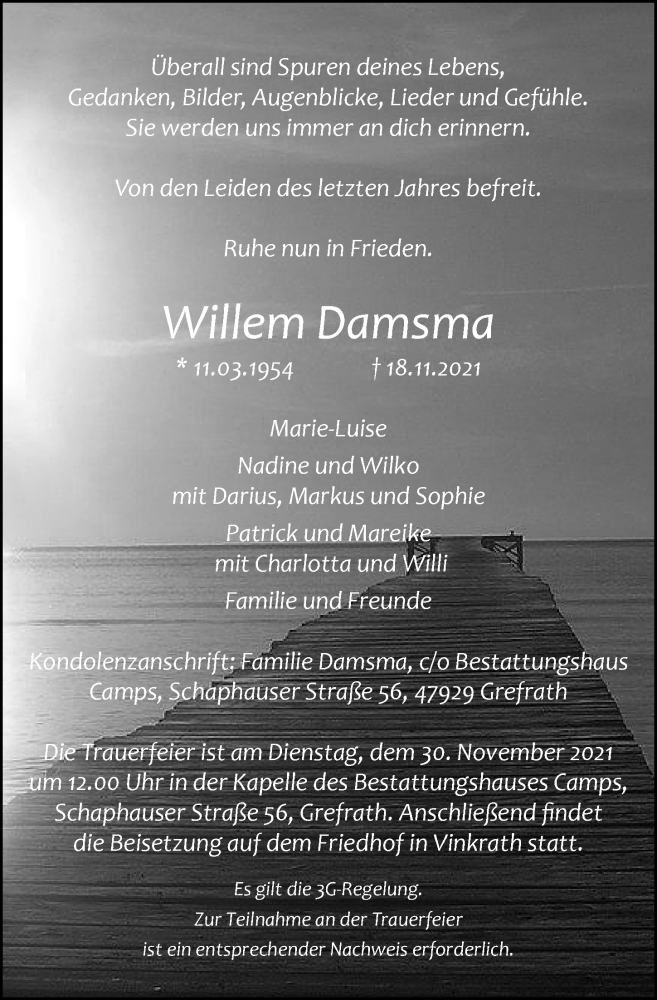  Traueranzeige für Willem Damsma vom 27.11.2021 aus Rheinische Post
