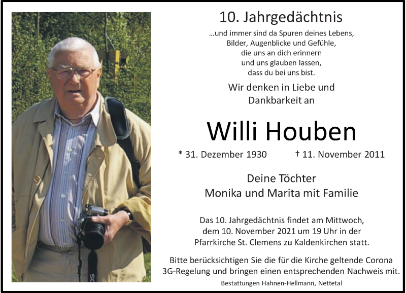  Traueranzeige für Willi Houben vom 06.11.2021 aus Rheinische Post
