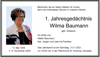 Traueranzeige von Wilma Baumann von Rheinische Post