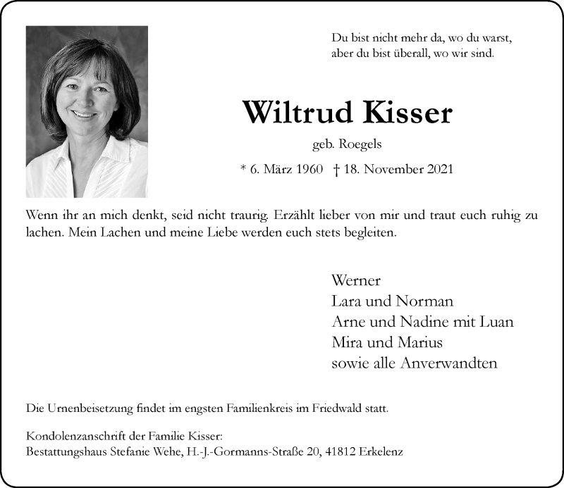  Traueranzeige für Wiltrud Kisser vom 27.11.2021 aus Rheinische Post