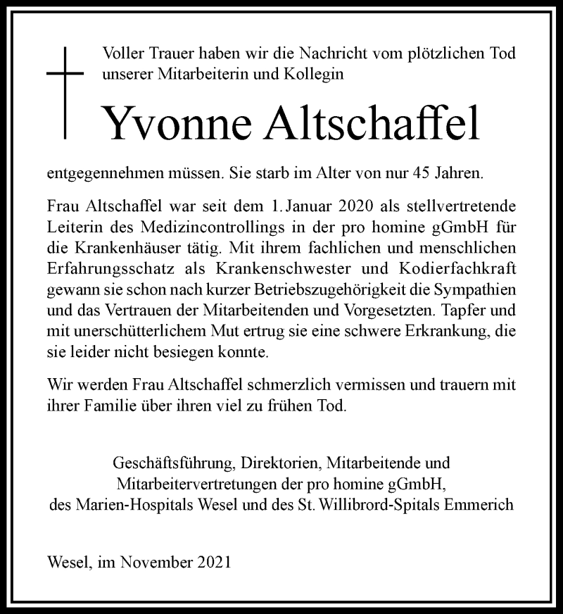  Traueranzeige für Yvonne Altschaffel vom 20.11.2021 aus Rheinische Post