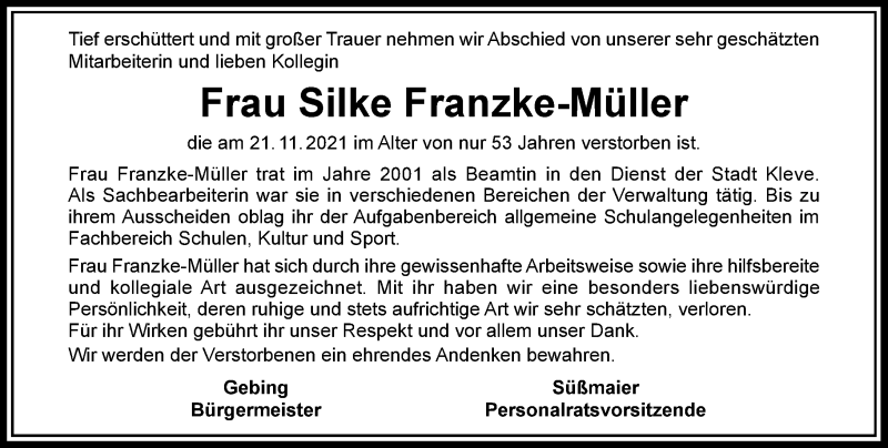  Traueranzeige für Silke Franzke-Müller vom 02.12.2021 aus Rheinische Post 