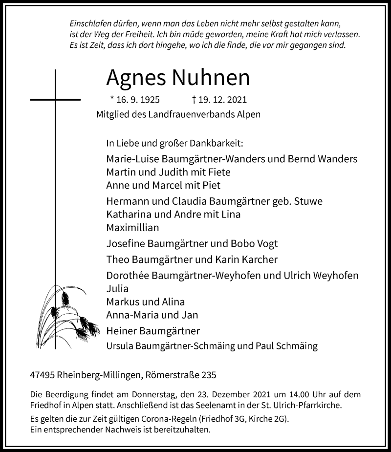  Traueranzeige für Agnes Nuhnen vom 21.12.2021 aus Rheinische Post