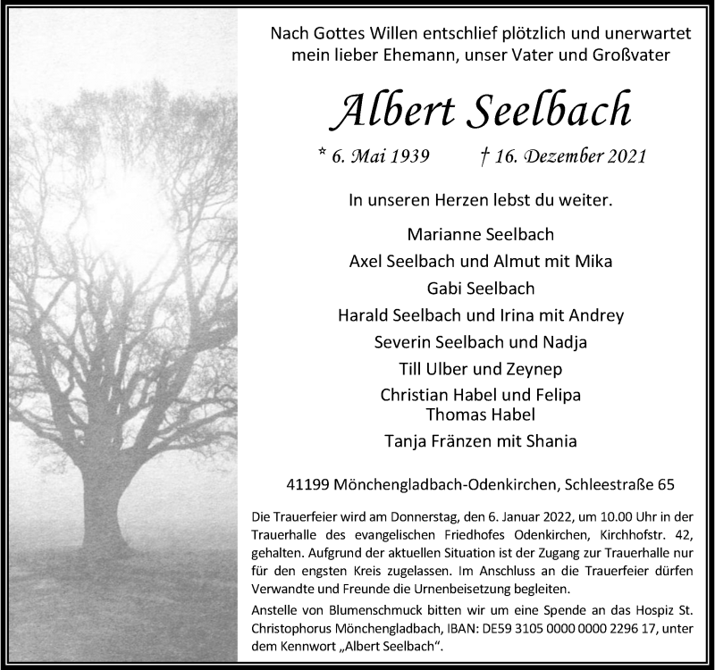  Traueranzeige für Albert Seelbach vom 29.12.2021 aus Rheinische Post