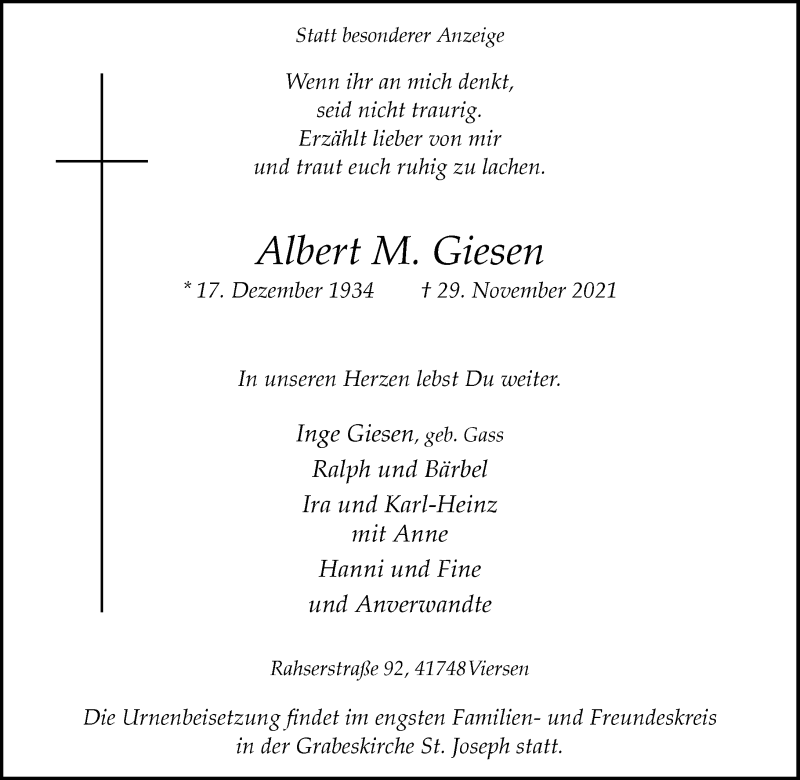  Traueranzeige für Albert M. Giesen vom 04.12.2021 aus Rheinische Post