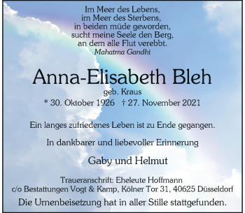 Traueranzeige von Anna-Elisabeth Bleh von Rheinische Post