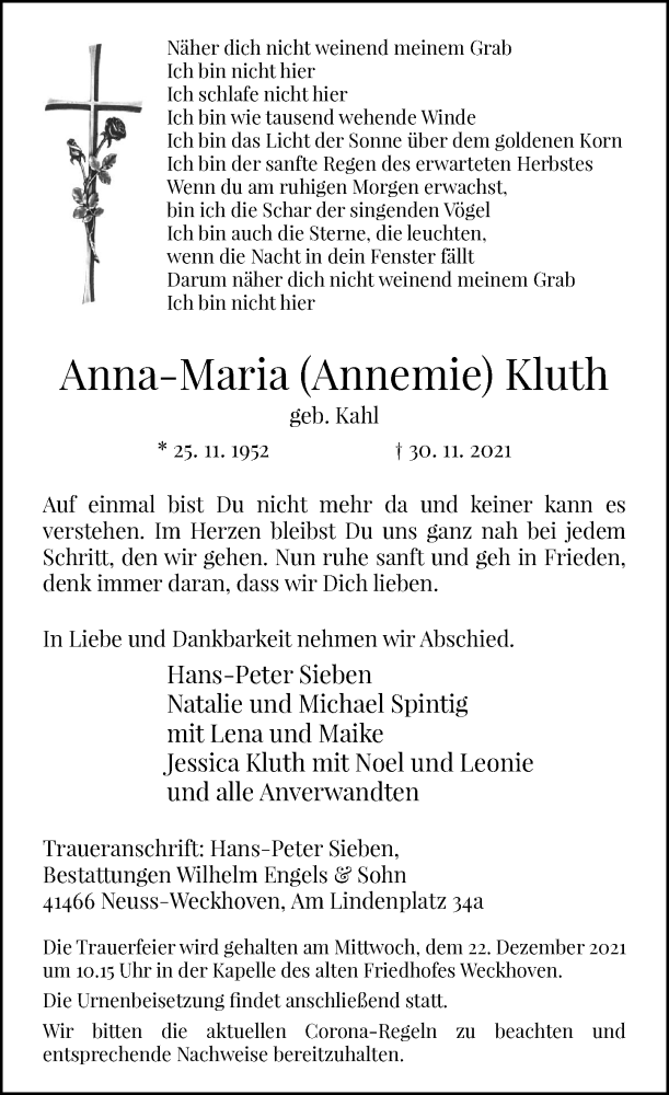  Traueranzeige für Anna-Maria Kluth vom 18.12.2021 aus Rheinische Post