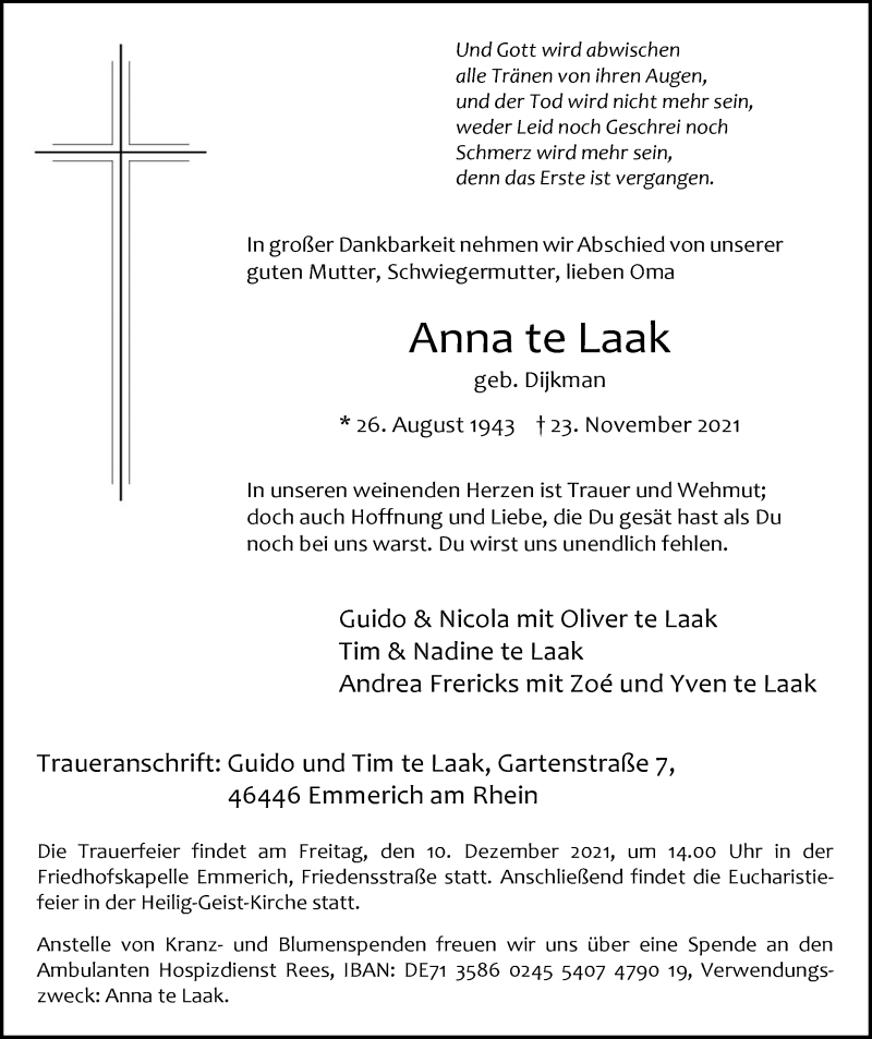  Traueranzeige für Anna te Laak vom 04.12.2021 aus Rheinische Post