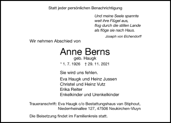 Traueranzeige von Anne Berns von Rheinische Post