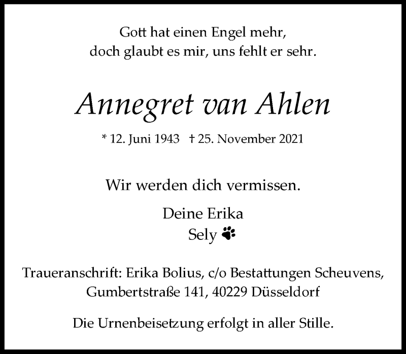  Traueranzeige für Annegret van Ahlen vom 04.12.2021 aus Rheinische Post