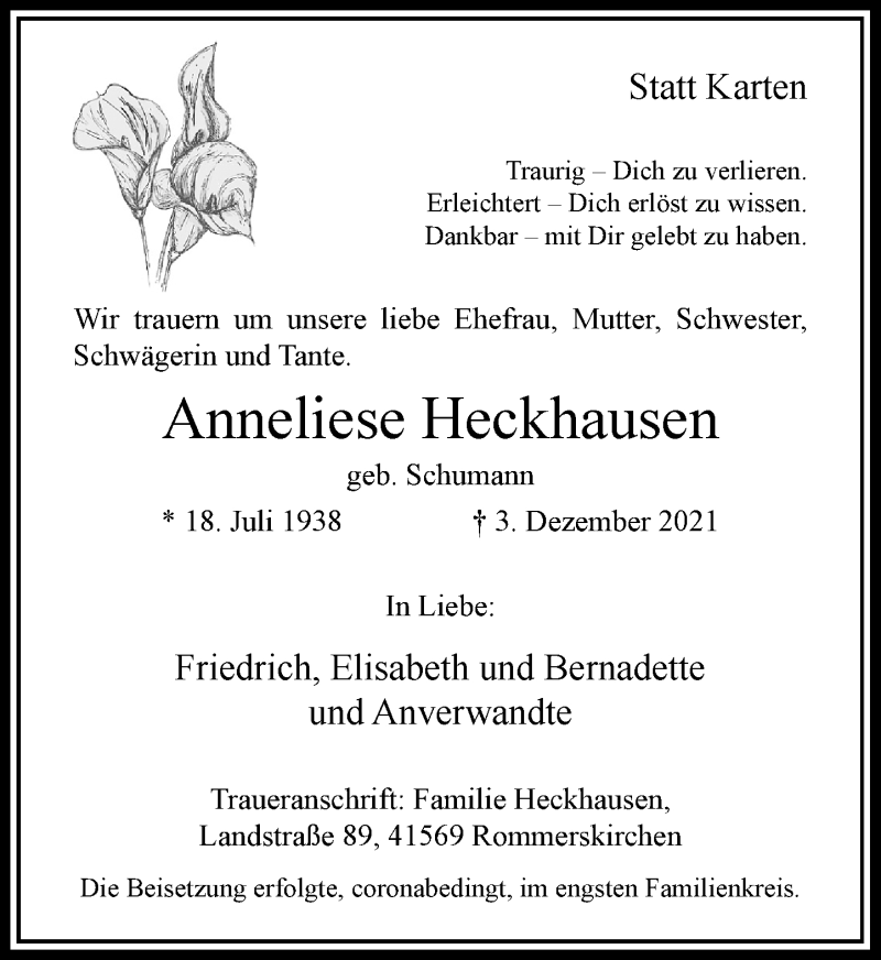  Traueranzeige für Anneliese Heckhausen vom 11.12.2021 aus Rheinische Post