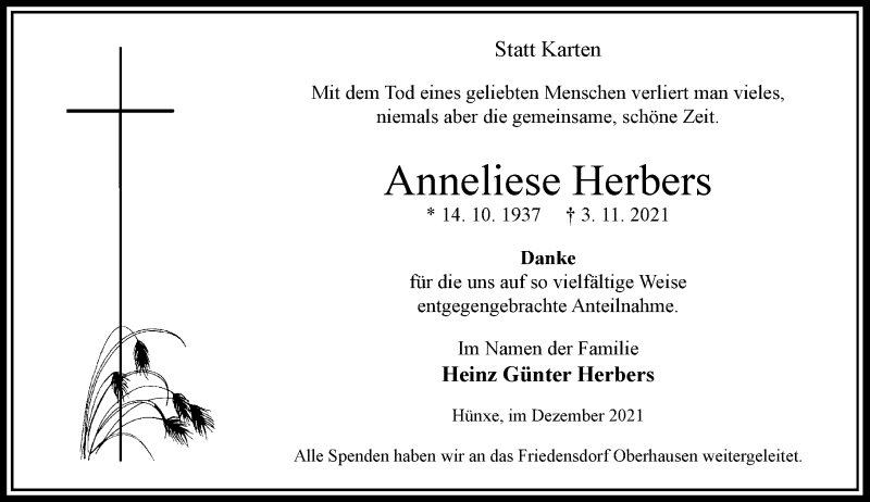 Alle Traueranzeigen für Anneliese Herbers | trauer.rp-online.de