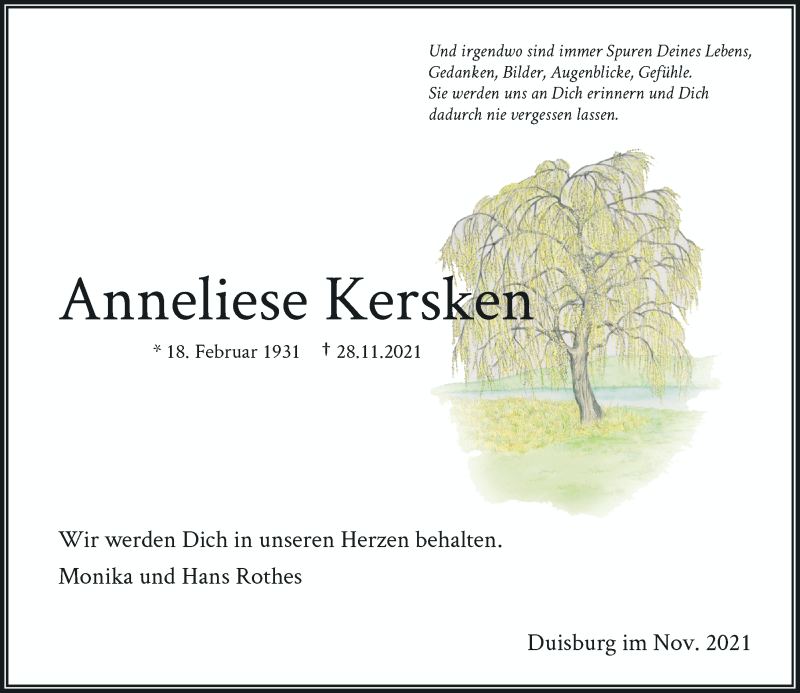  Traueranzeige für Anneliese Kersken vom 01.12.2021 aus Rheinische Post