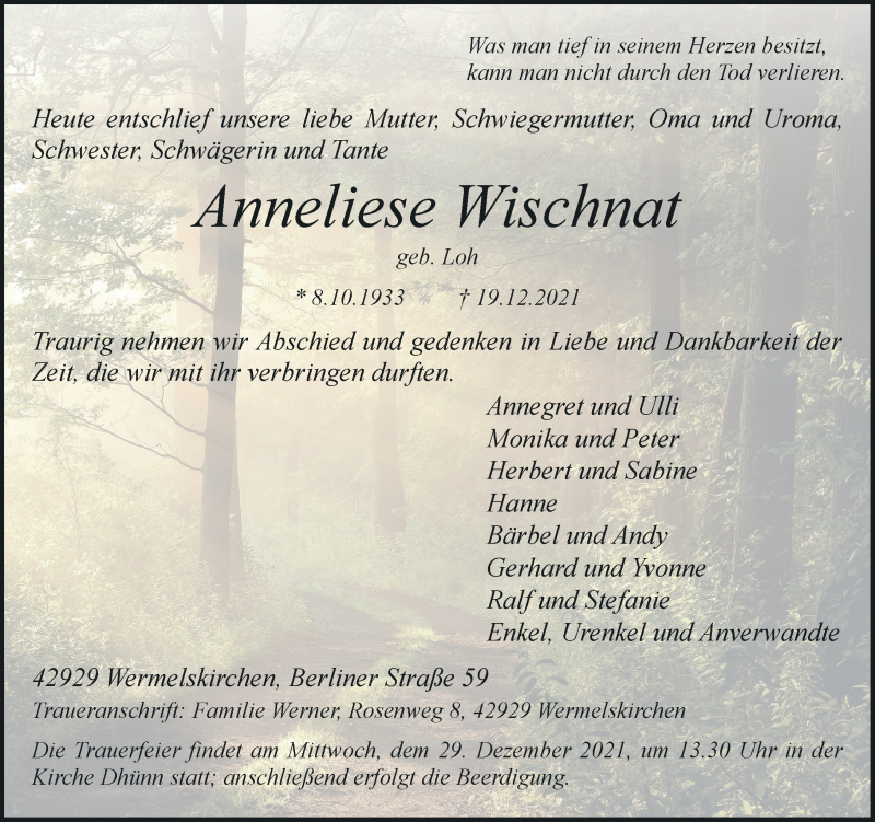  Traueranzeige für Anneliese Wischnat vom 24.12.2021 aus Rheinische Post