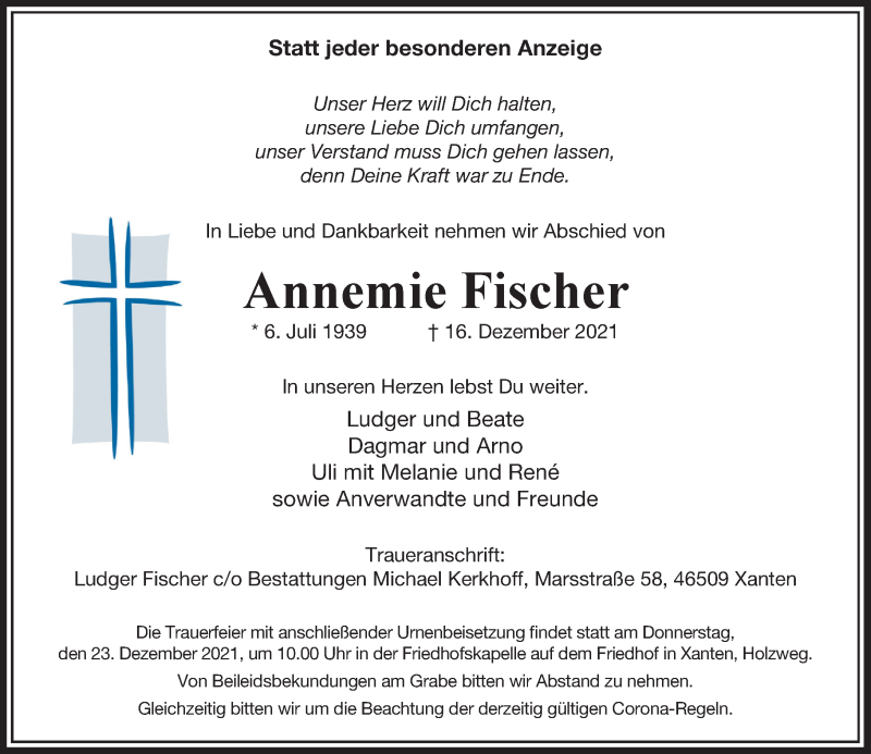  Traueranzeige für Annemie Fischer vom 21.12.2021 aus Rheinische Post