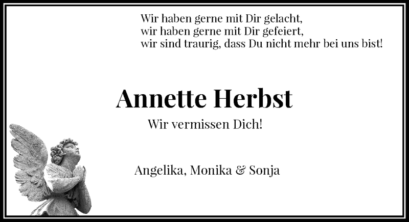  Traueranzeige für Annette Herbst vom 29.12.2021 aus Rheinische Post