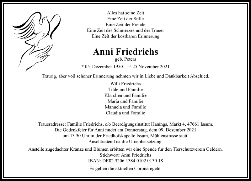  Traueranzeige für Anni Friedrichs vom 01.12.2021 aus Rheinische Post