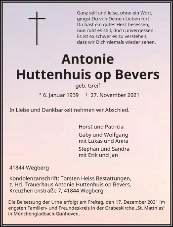 Traueranzeige von Antonie Huttenhuis op Bevers von Rheinische Post