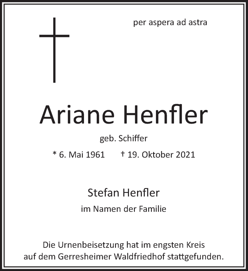  Traueranzeige für Ariane Henfler vom 04.12.2021 aus Rheinische Post