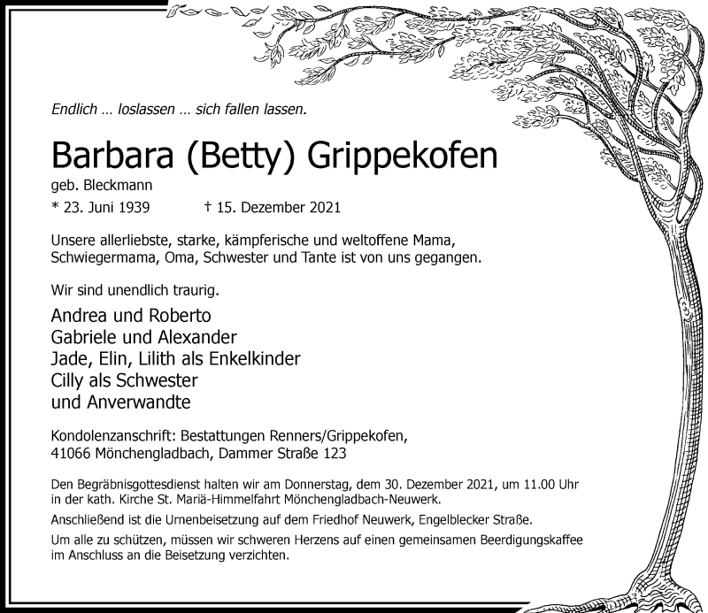  Traueranzeige für Barbara Grippekofen vom 24.12.2021 aus Rheinische Post