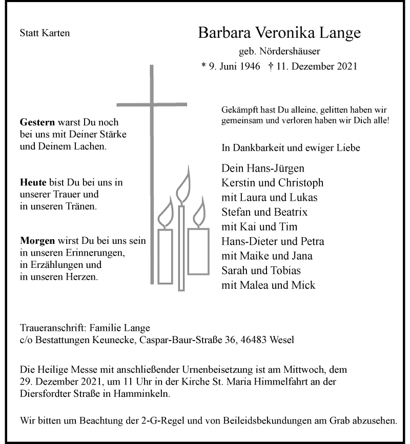  Traueranzeige für Barbara Veronika Lange vom 21.12.2021 aus Rheinische Post