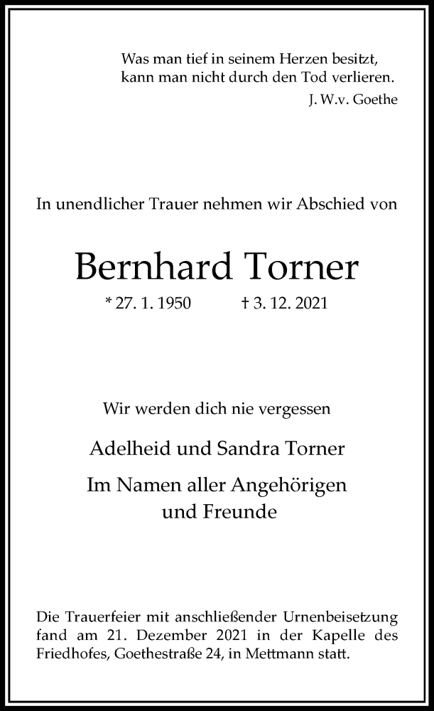 Traueranzeige für Bernhard Torner vom 22.12.2021 aus Rheinische Post
