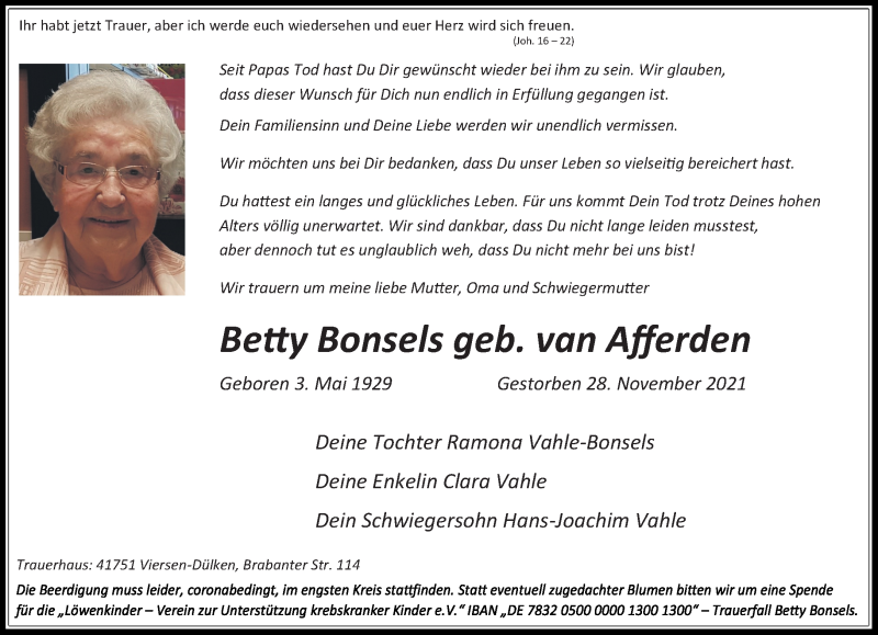  Traueranzeige für Betty Bonsels vom 04.12.2021 aus Rheinische Post