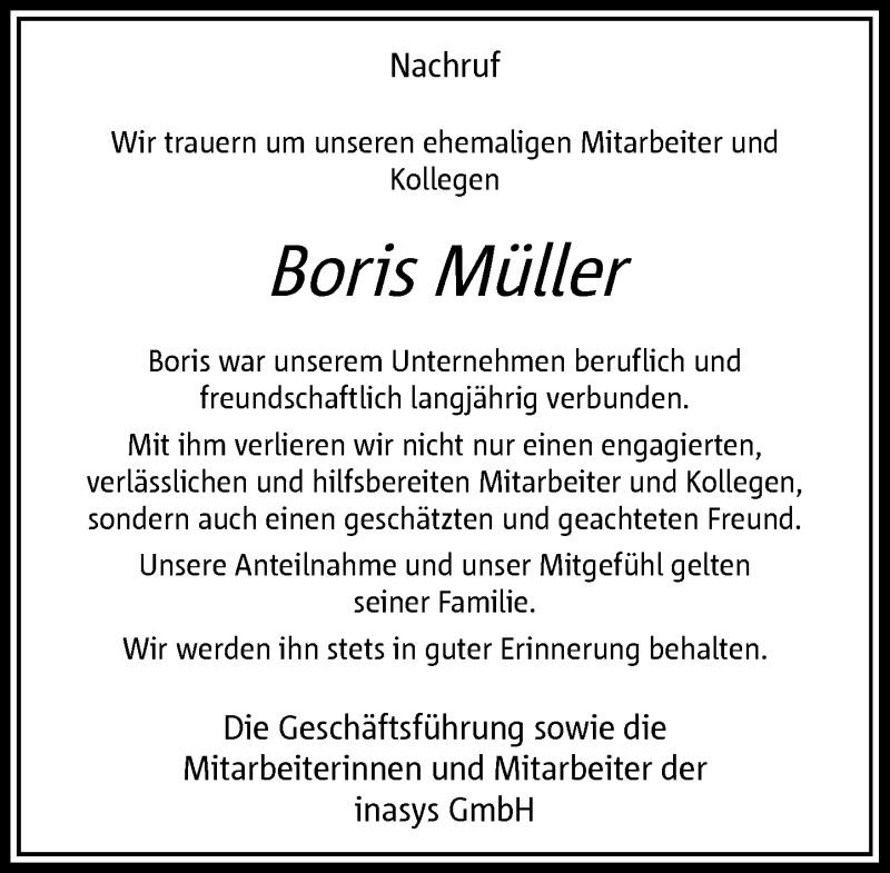  Traueranzeige für Boris Müller vom 24.12.2021 aus Rheinische Post