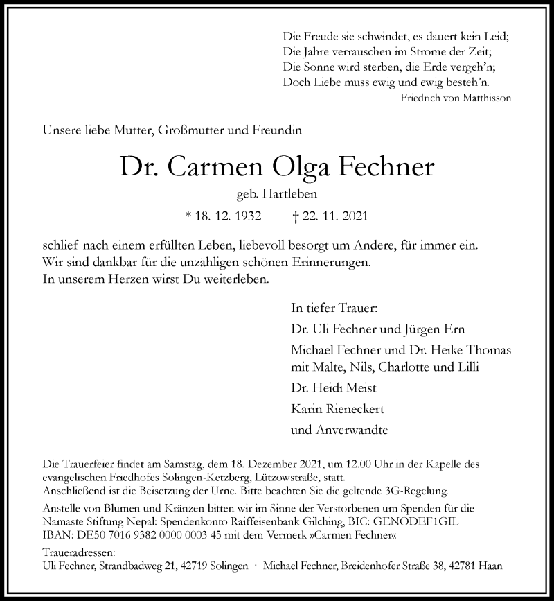  Traueranzeige für Carmen Olga Fechner vom 04.12.2021 aus Rheinische Post