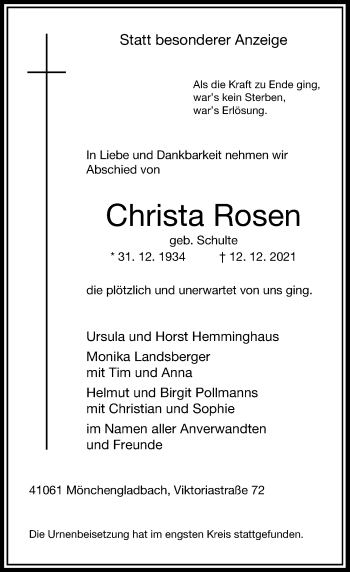 Traueranzeige von Christa Rosen von Rheinische Post