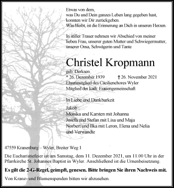 Traueranzeige von Christel Kropmann von Rheinische Post
