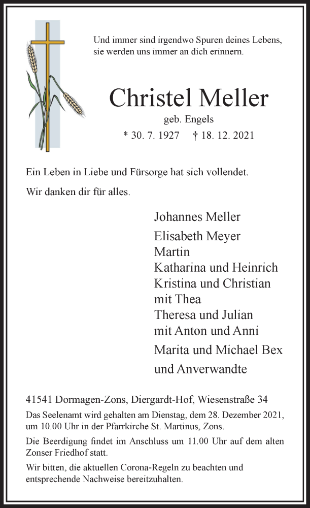  Traueranzeige für Christel Meller vom 24.12.2021 aus Rheinische Post